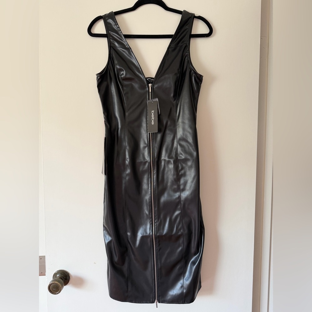 Bebe Jet Black Vegan Leather Zipper Dress